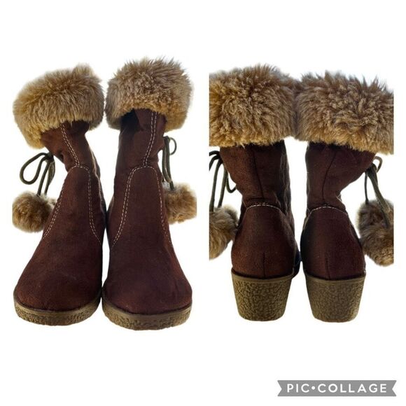 NWT Coco George Brown Tan Faux Suede Fur Platform Heel Girls Boots Size 11.5 - Picture 7 of 8
